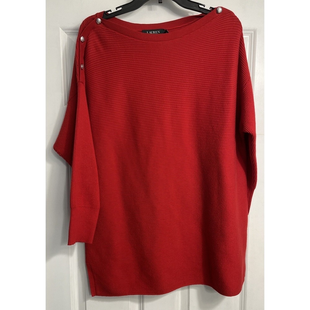 Lauren Ralph Lauren Women Red Sweater Top Sz 1X Ribbed Boat Neck Buttons